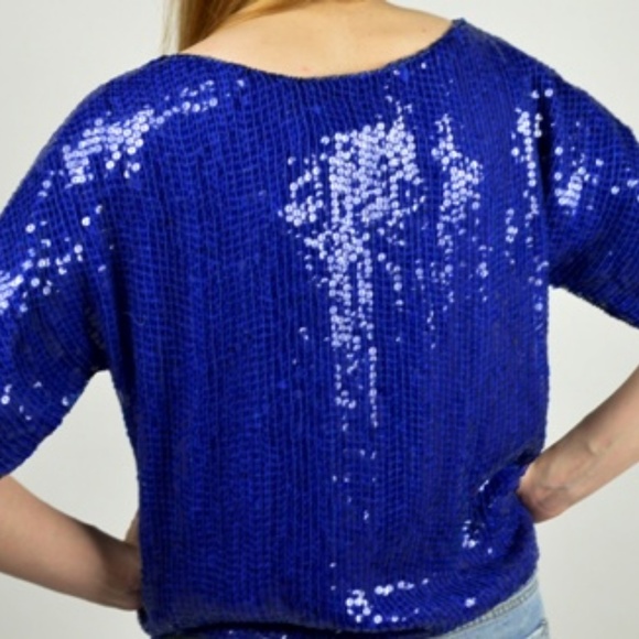 Halloween Disco Top, Vintage 70s Blue Sequin Blouse - Picture 3 of 6